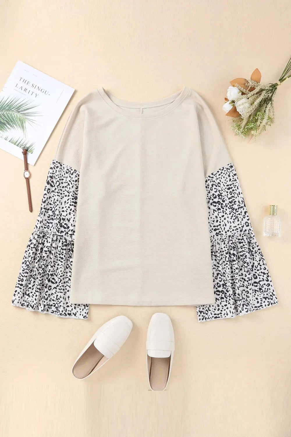 Plus Size Leopard Round Neck Long Sleeve Top - ShalayeFashion