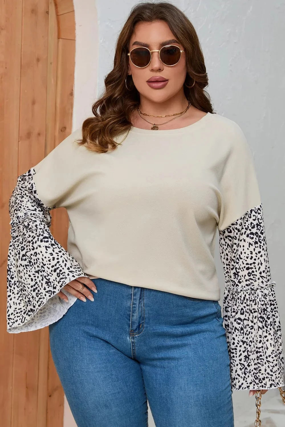 Plus Size Leopard Round Neck Long Sleeve Top - ShalayeFashion