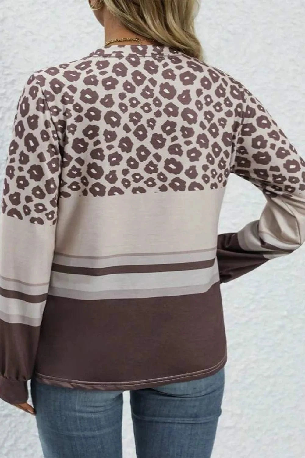 Plus Size Leopard Round Neck Long Sleeve Top - ShalayeFashion