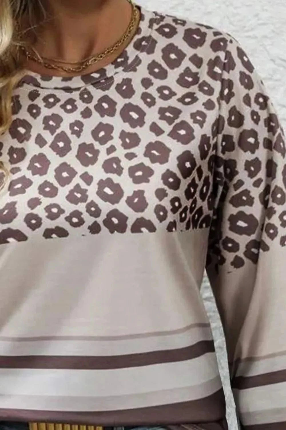 Plus Size Leopard Round Neck Long Sleeve Top - ShalayeFashion
