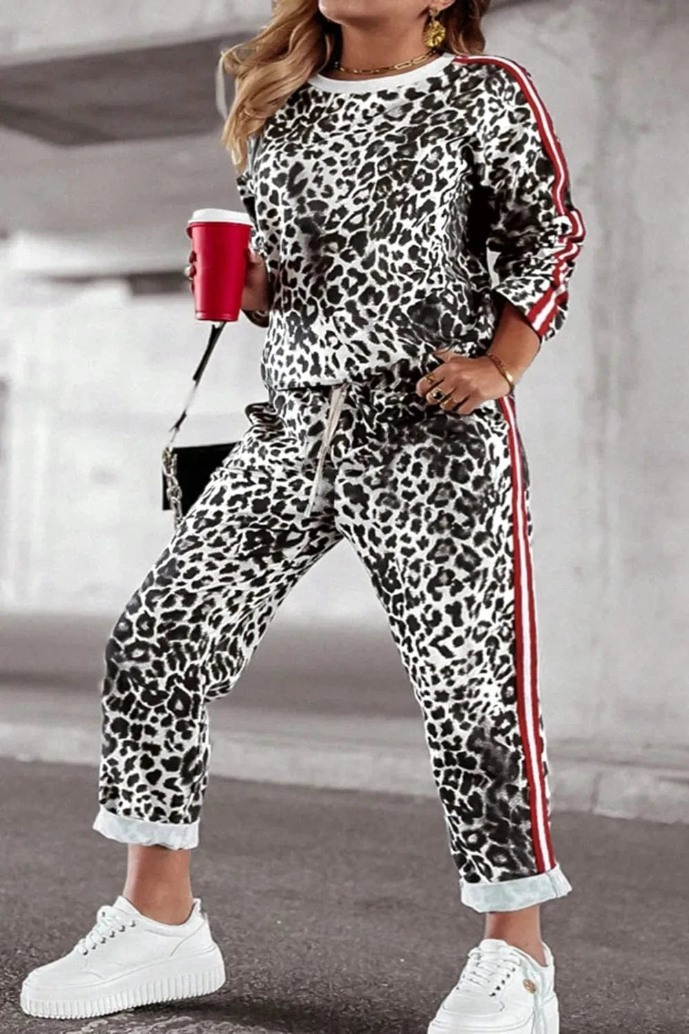 Plus Size Leopard Round Neck Top and Pants Set - ShalayeFashion