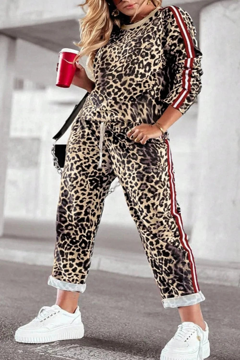 Plus Size Leopard Round Neck Top and Pants Set - ShalayeFashion