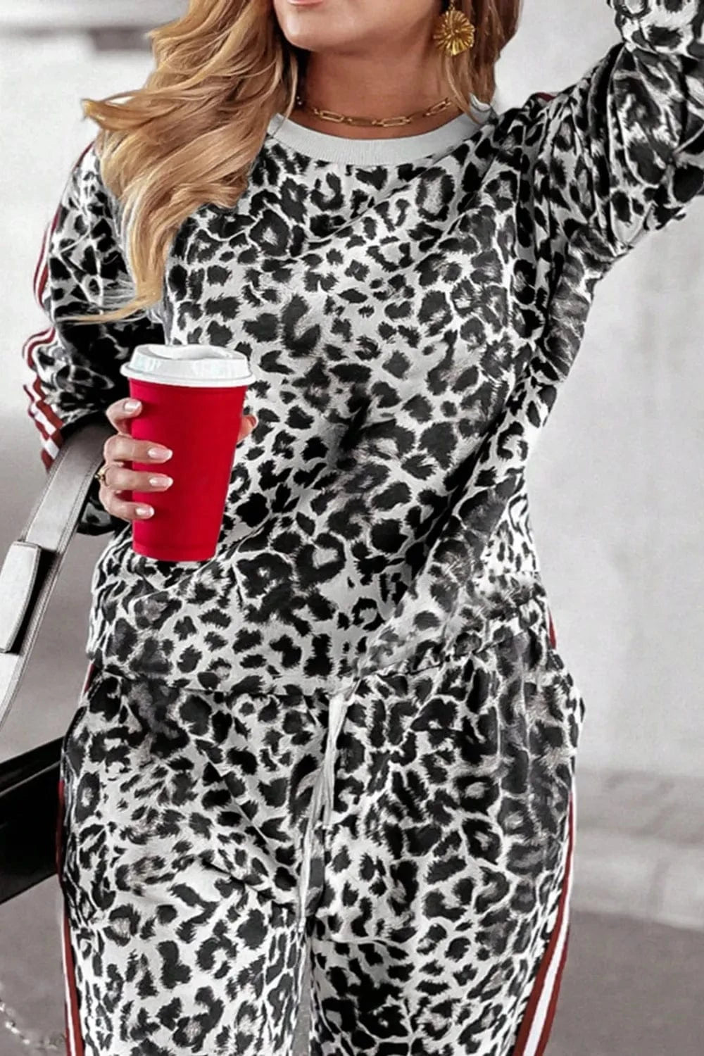 Plus Size Leopard Round Neck Top and Pants Set - ShalayeFashion