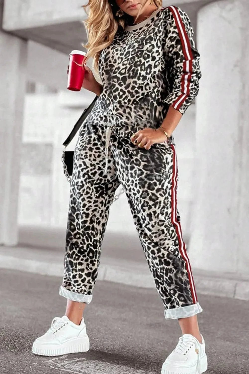 Plus Size Leopard Round Neck Top and Pants Set - ShalayeFashion