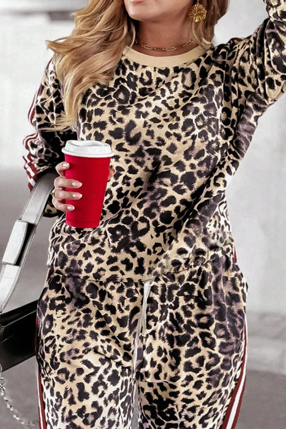 Plus Size Leopard Round Neck Top and Pants Set - ShalayeFashion