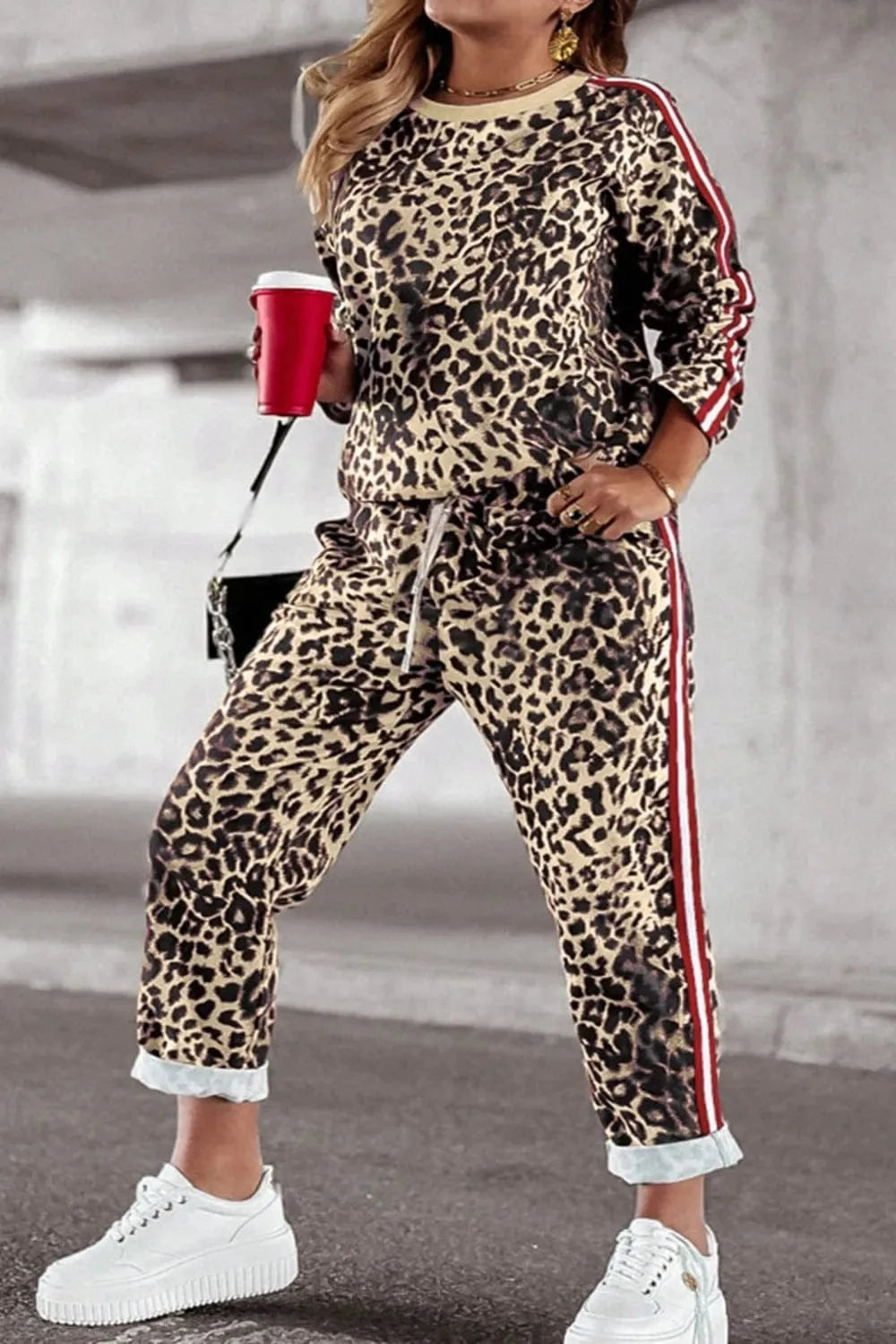 Plus Size Leopard Round Neck Top and Pants Set - ShalayeFashion