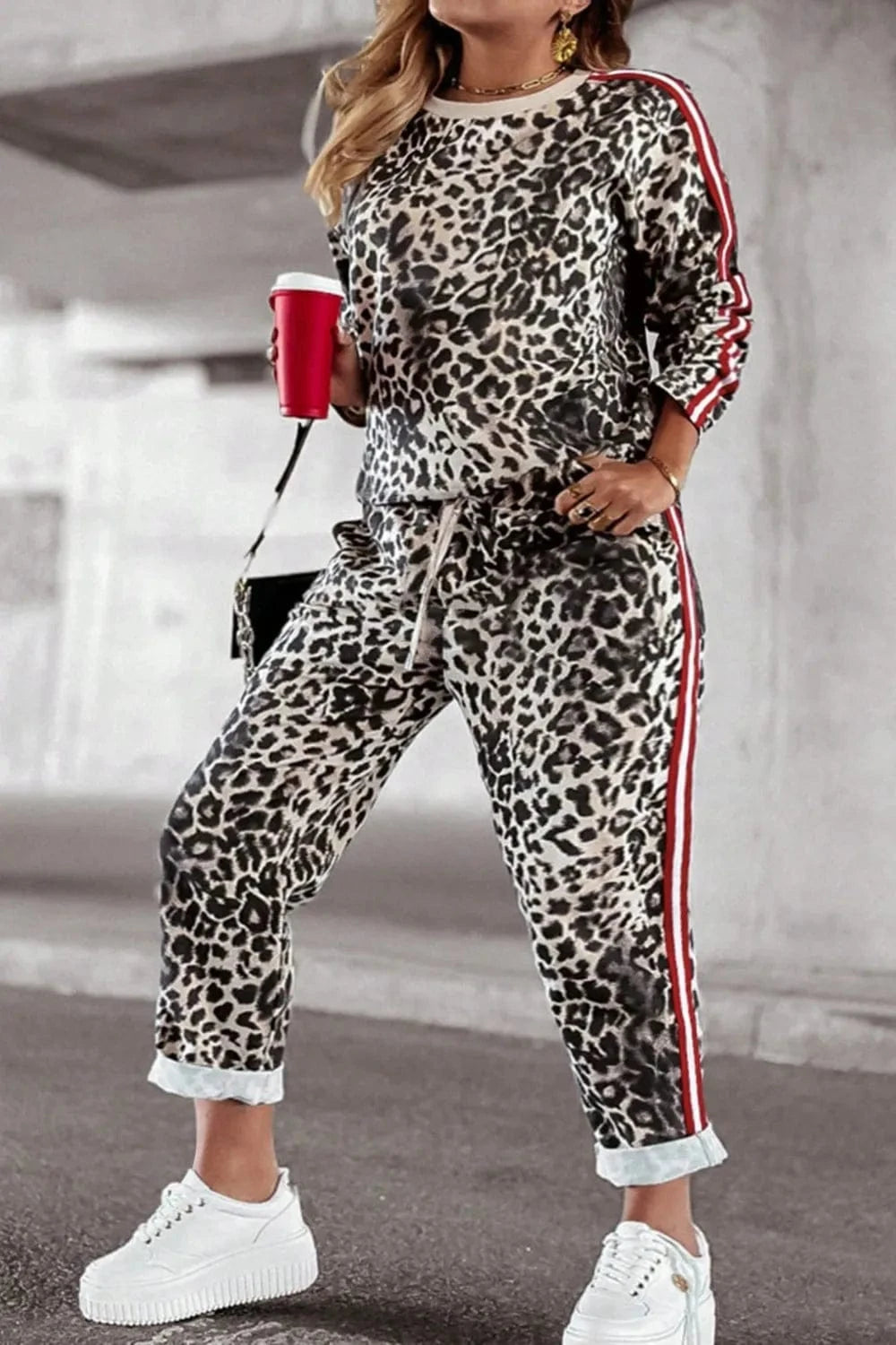 Plus Size Leopard Round Neck Top and Pants Set - ShalayeFashion