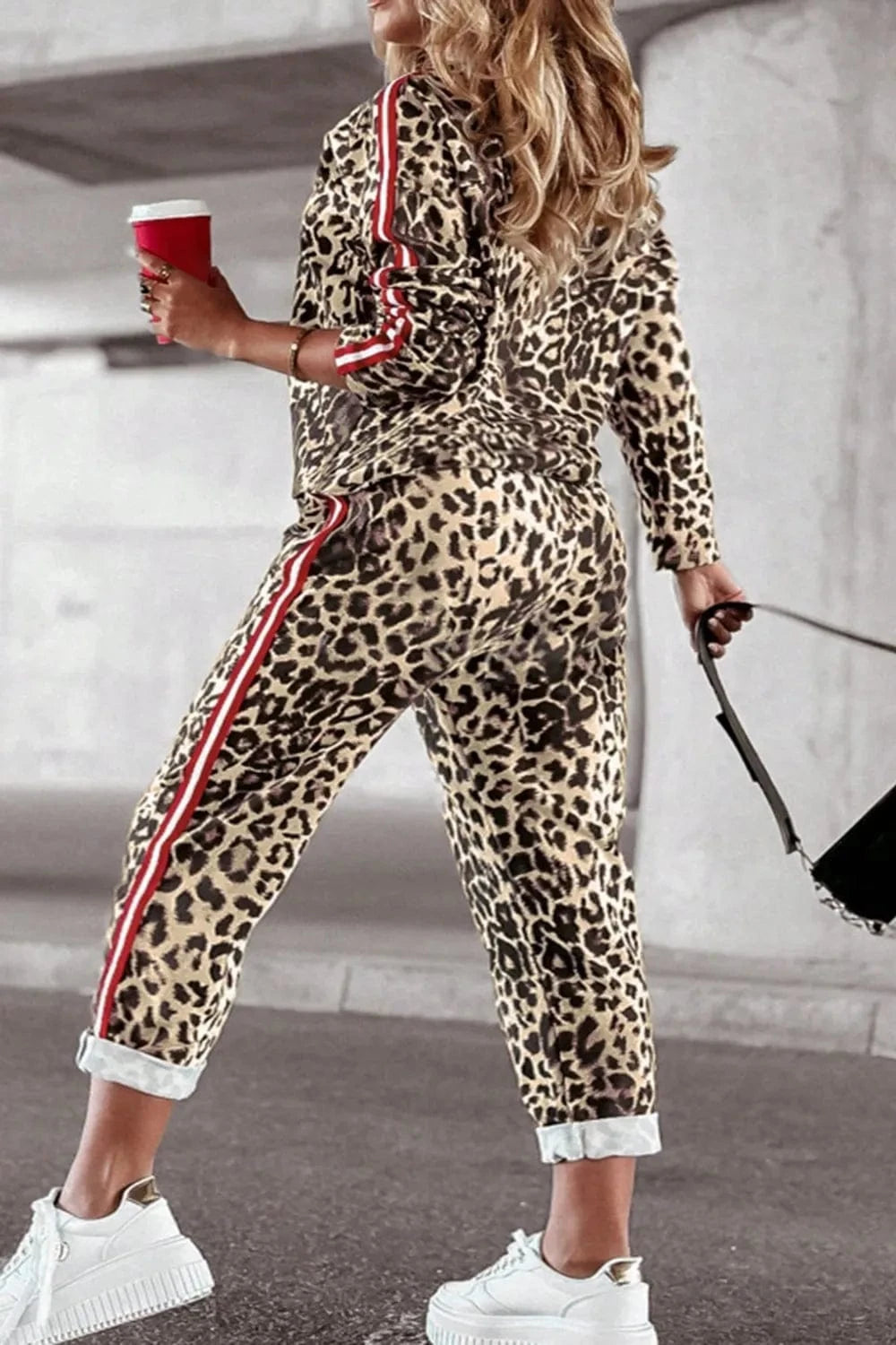 Plus Size Leopard Round Neck Top and Pants Set - ShalayeFashion