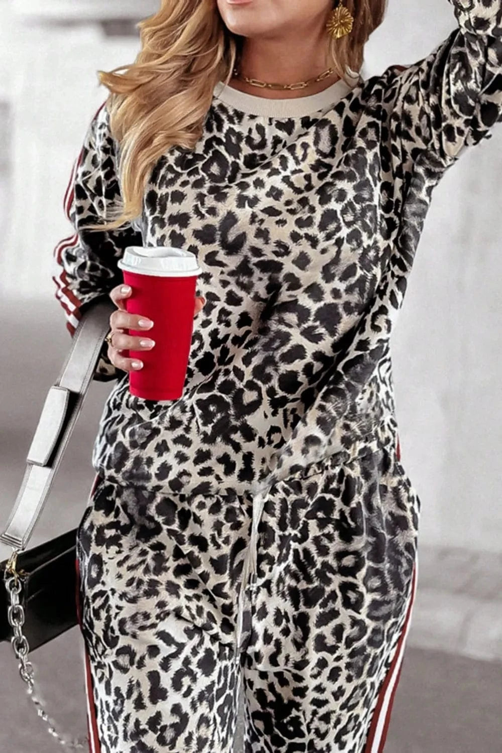 Plus Size Leopard Round Neck Top and Pants Set - ShalayeFashion