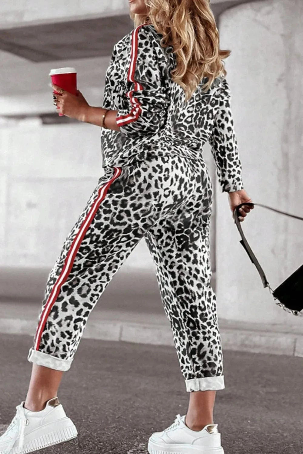 Plus Size Leopard Round Neck Top and Pants Set - ShalayeFashion