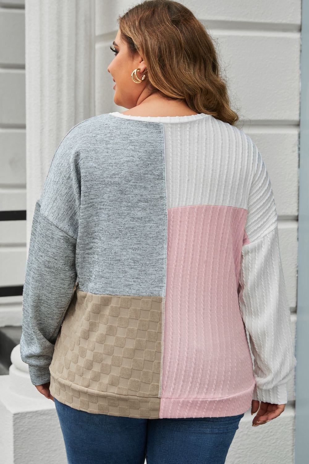 Plus Size Long Sleeve Color Block Top - ShalayeFashion