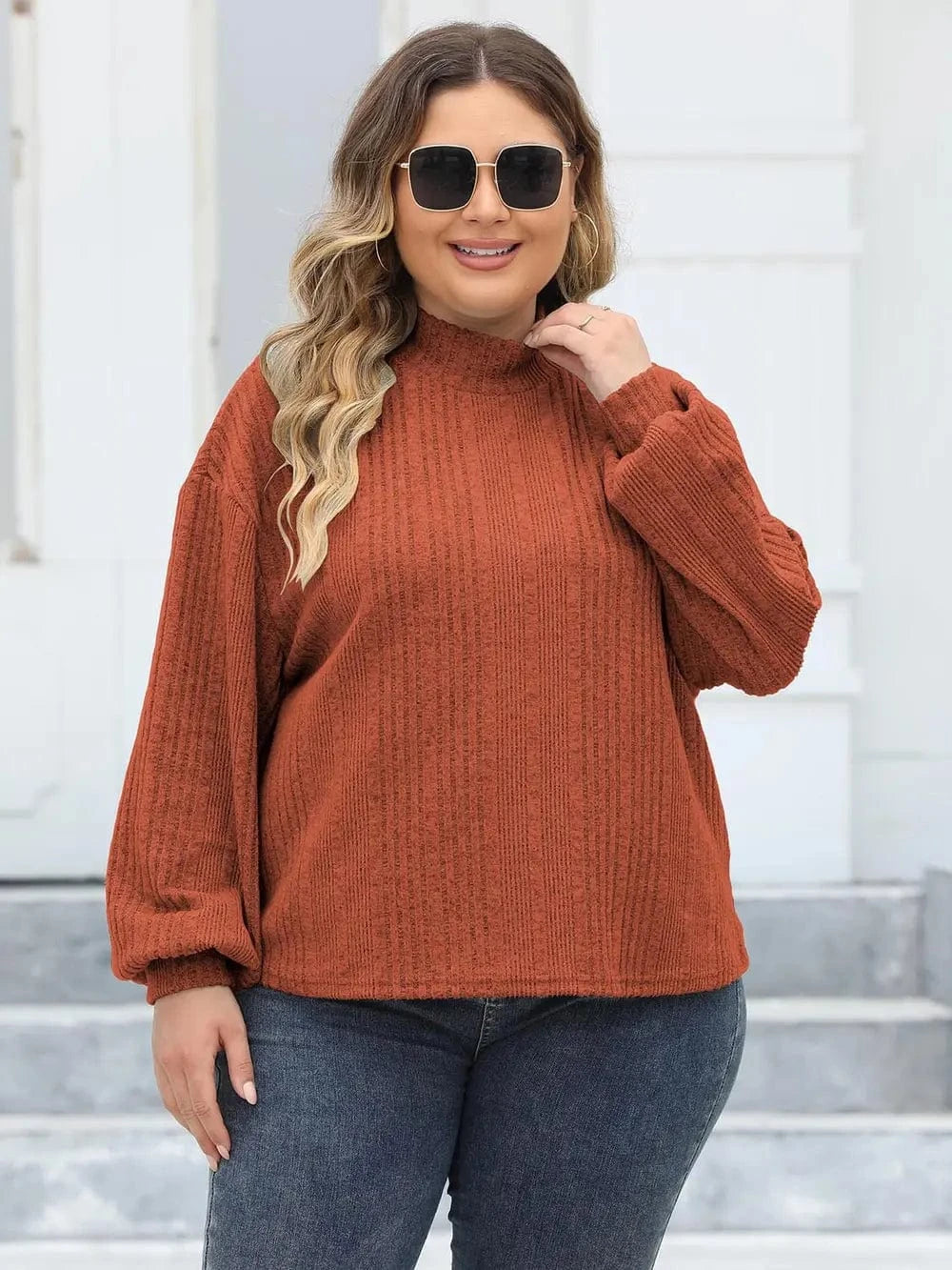 Plus Size Mock Neck Long Sleeve Knit Top - ShalayeFashion