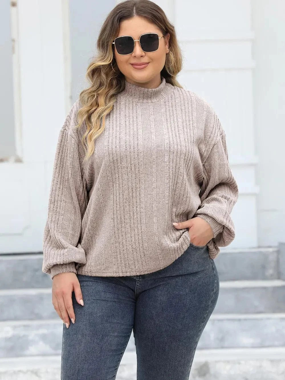 Plus Size Mock Neck Long Sleeve Knit Top - ShalayeFashion