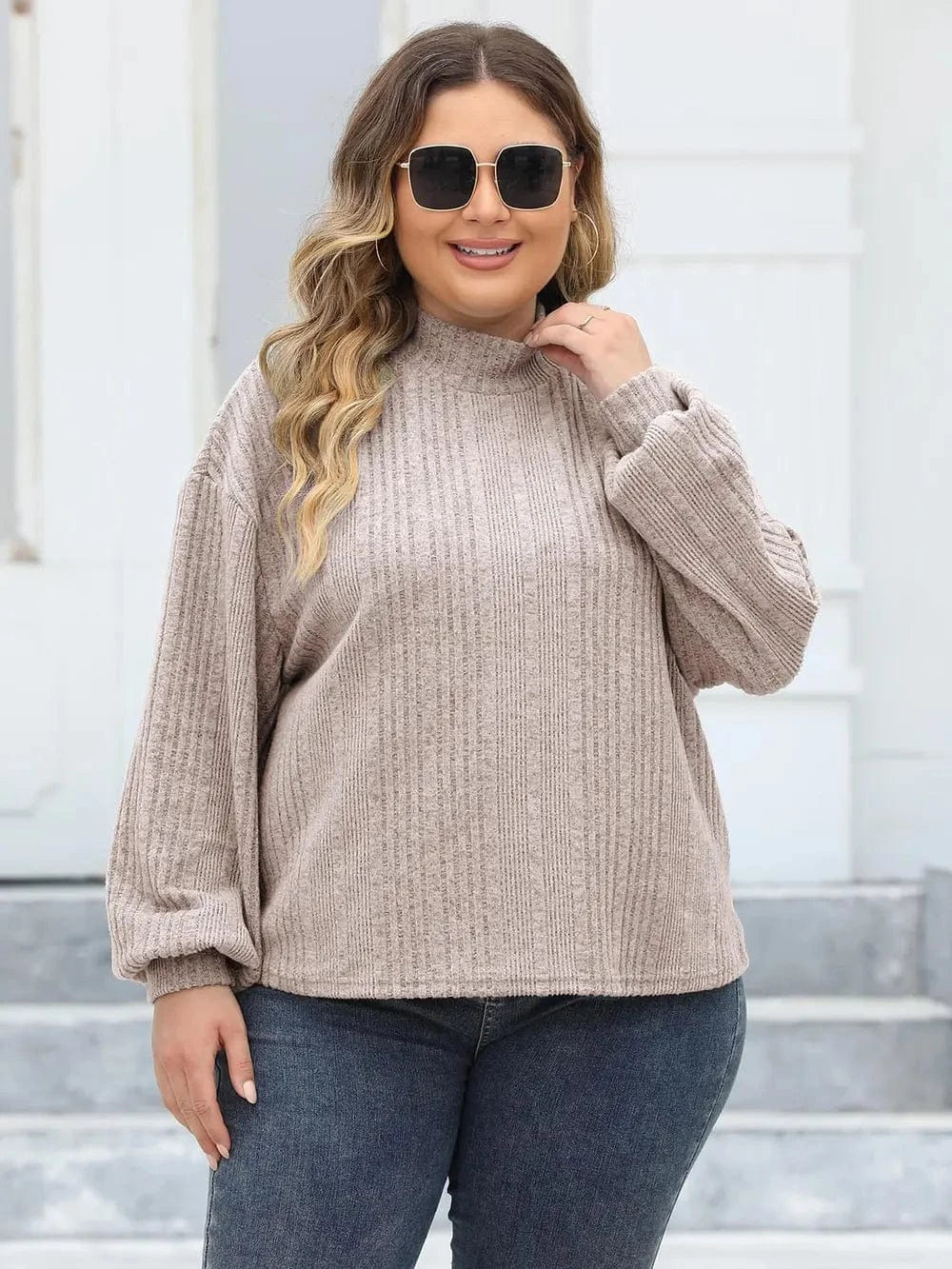 Plus Size Mock Neck Long Sleeve Knit Top - ShalayeFashion