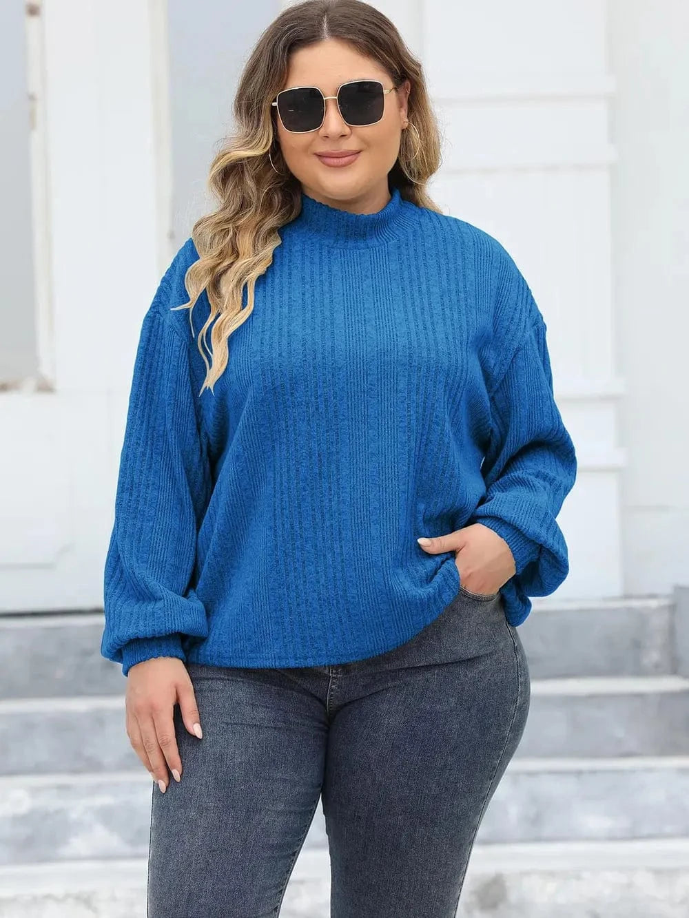 Plus Size Mock Neck Long Sleeve Knit Top - ShalayeFashion