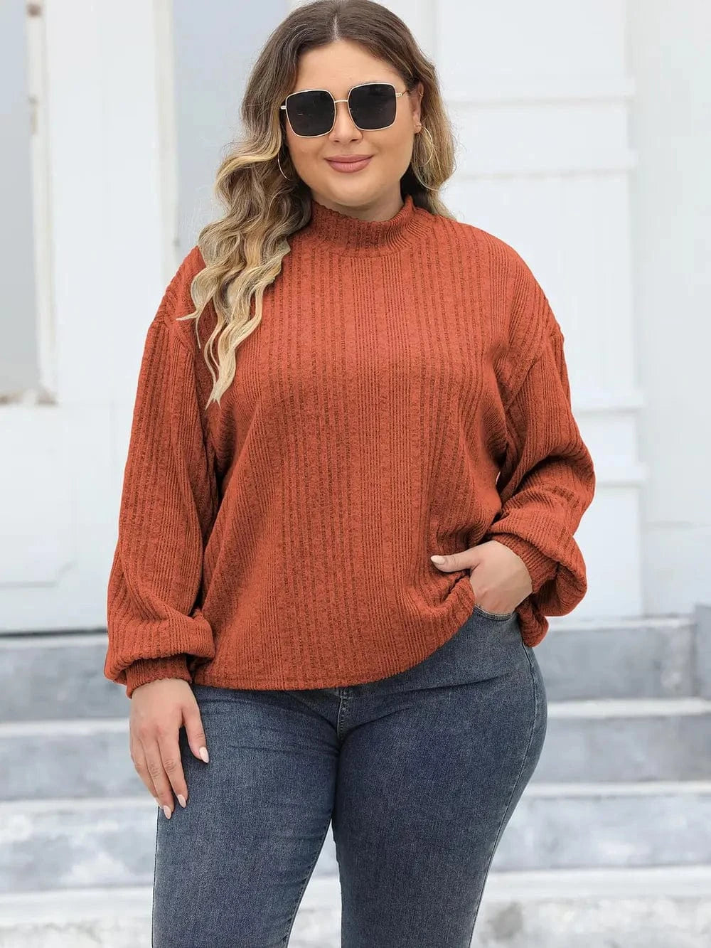 Plus Size Mock Neck Long Sleeve Knit Top - ShalayeFashion