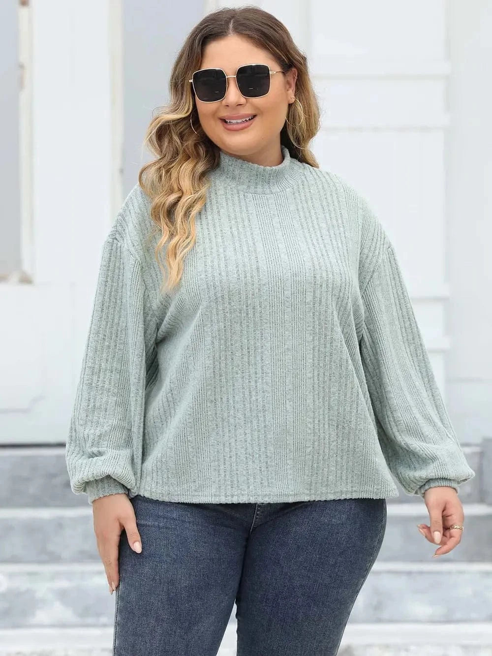 Plus Size Mock Neck Long Sleeve Knit Top - ShalayeFashion