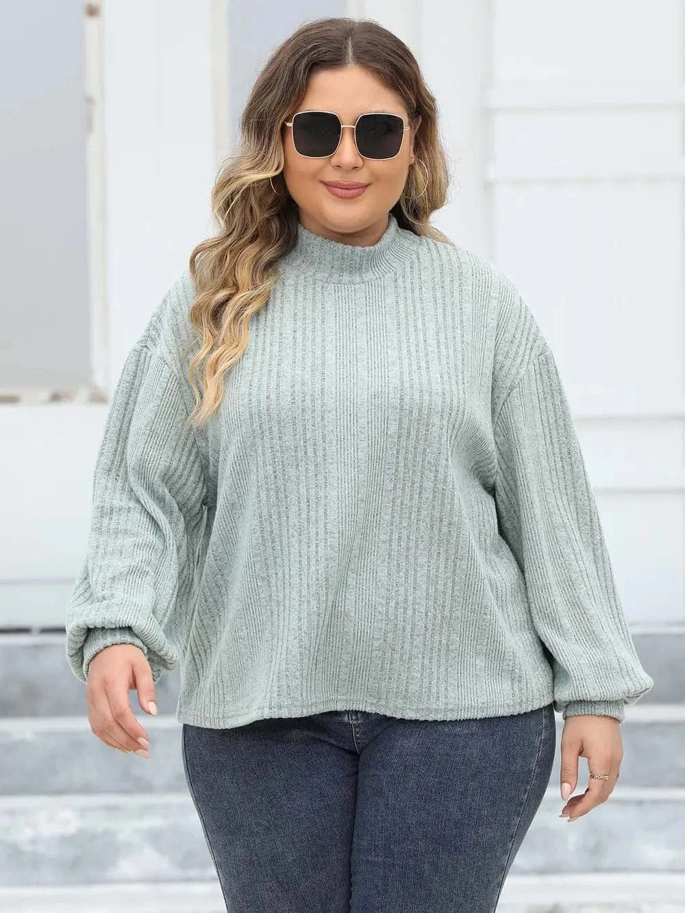 Plus Size Mock Neck Long Sleeve Knit Top - ShalayeFashion