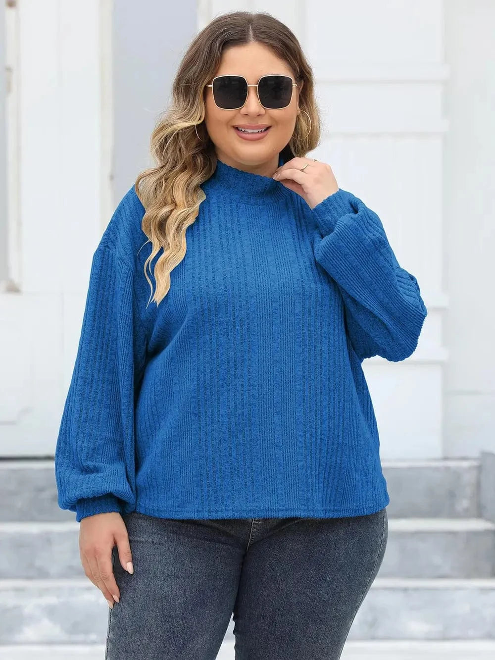 Plus Size Mock Neck Long Sleeve Knit Top - ShalayeFashion