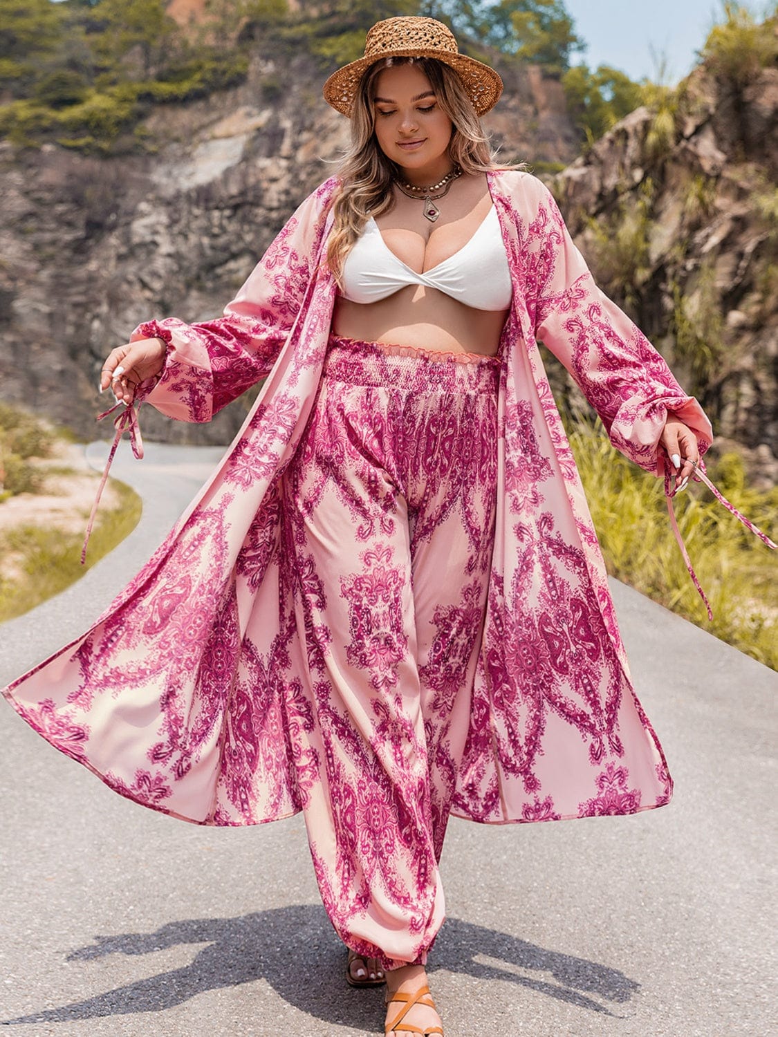 Plus Size Open Front Cardigan and Pants Set - ShalayeFashion