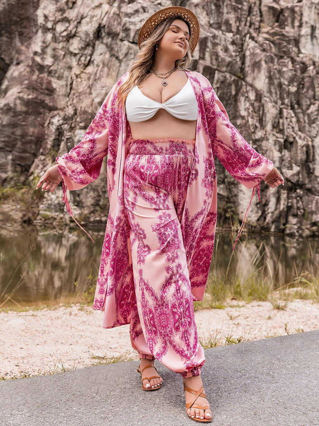 Plus Size Open Front Cardigan and Pants Set - ShalayeFashion