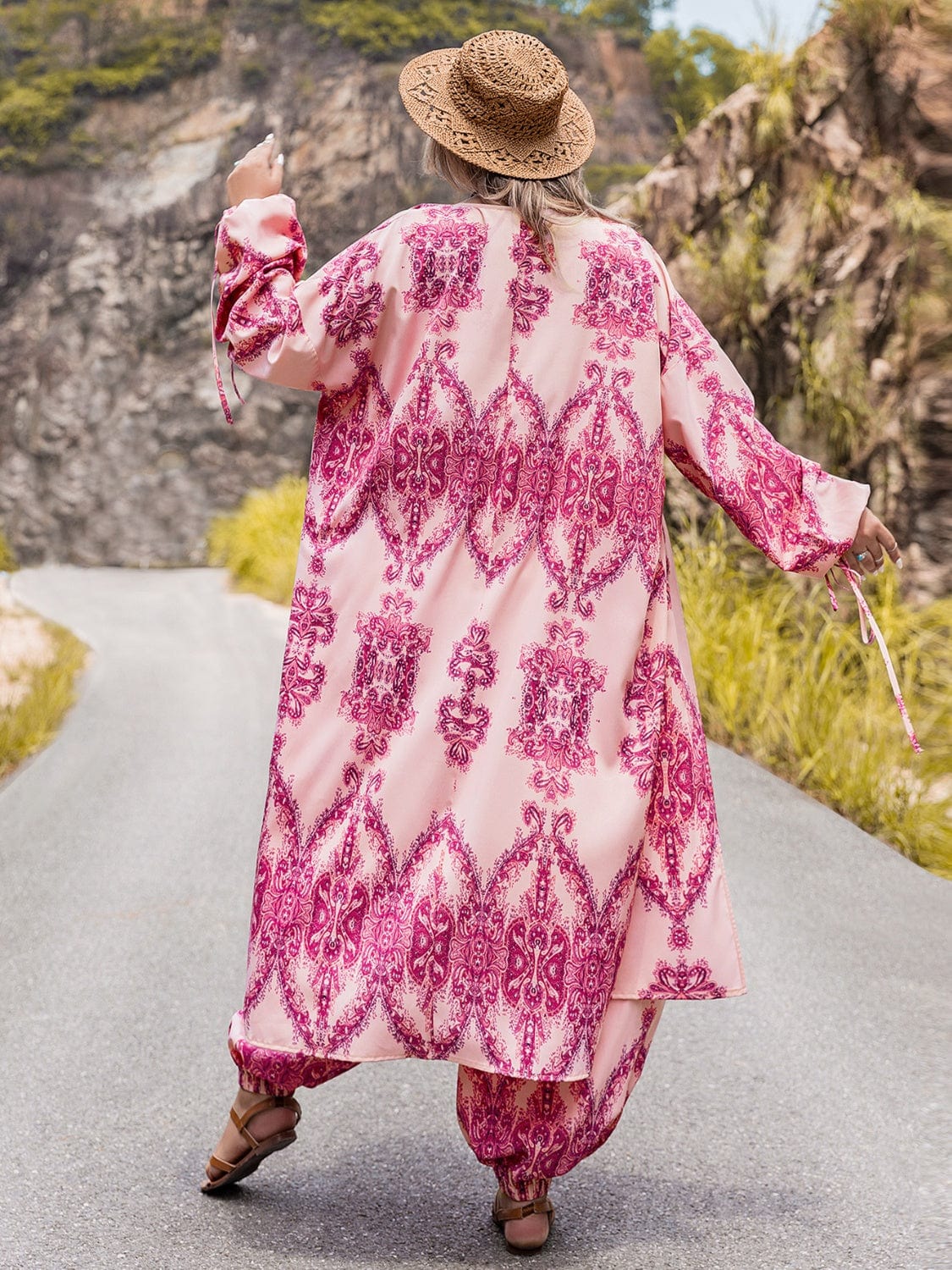Plus Size Open Front Cardigan and Pants Set - ShalayeFashion