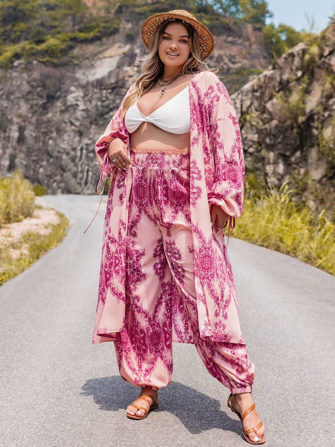 Plus Size Open Front Cardigan and Pants Set - ShalayeFashion
