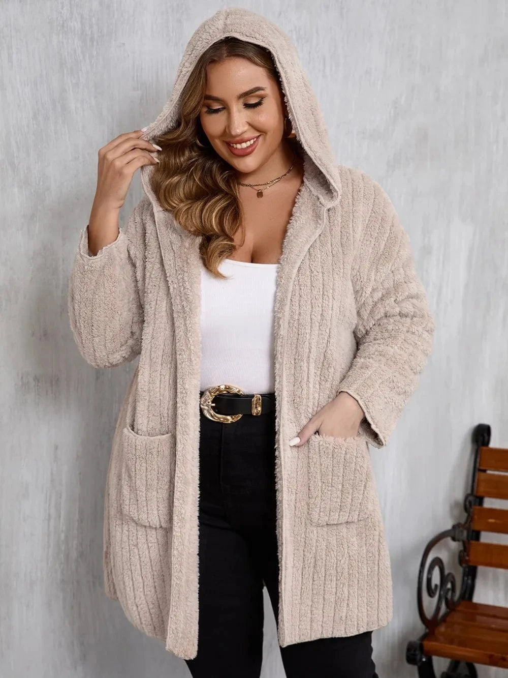 Plus Size Open Front Long Sleeve Hooded Fuzzy Jacket - ShalayeFashion