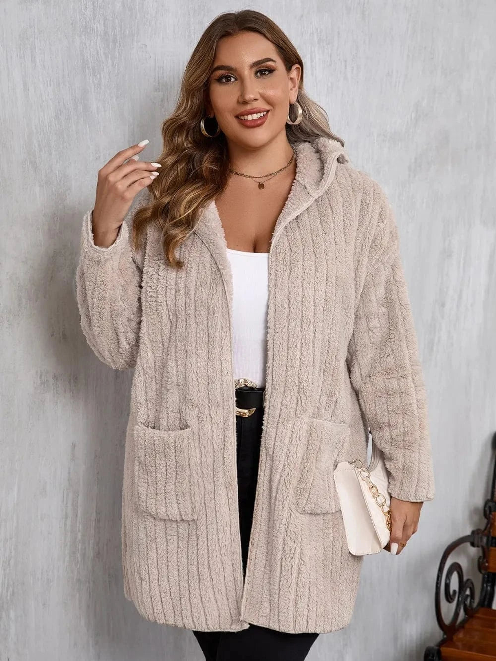 Plus Size Open Front Long Sleeve Hooded Fuzzy Jacket - ShalayeFashion
