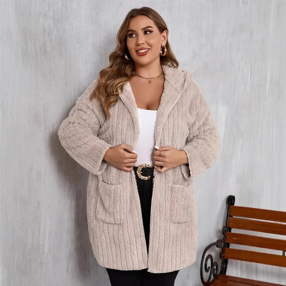 Plus Size Open Front Long Sleeve Hooded Fuzzy Jacket - ShalayeFashion