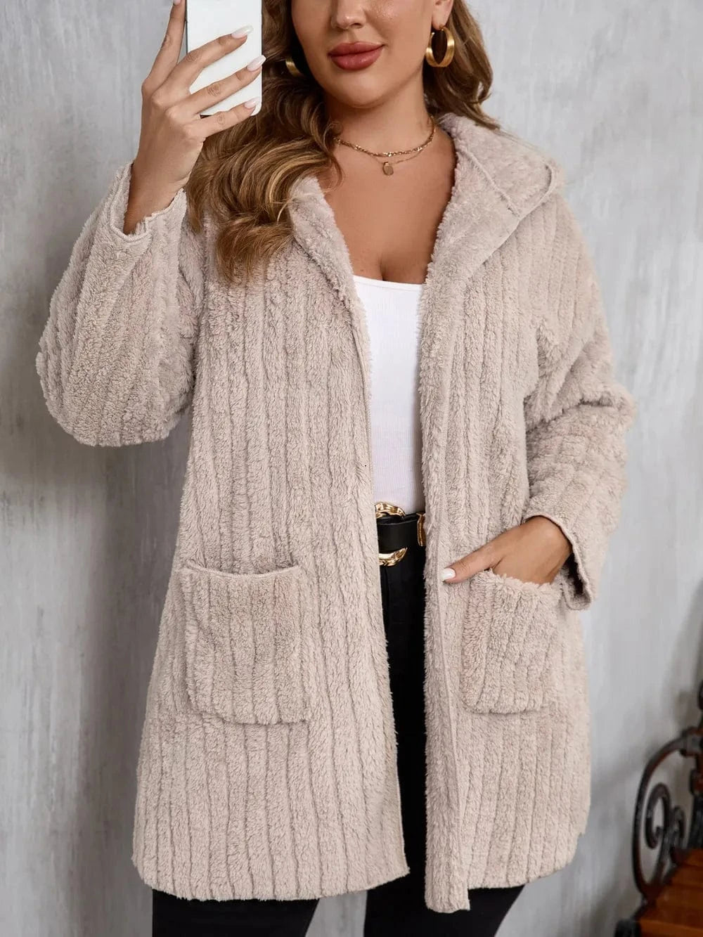Plus Size Open Front Long Sleeve Hooded Fuzzy Jacket - ShalayeFashion