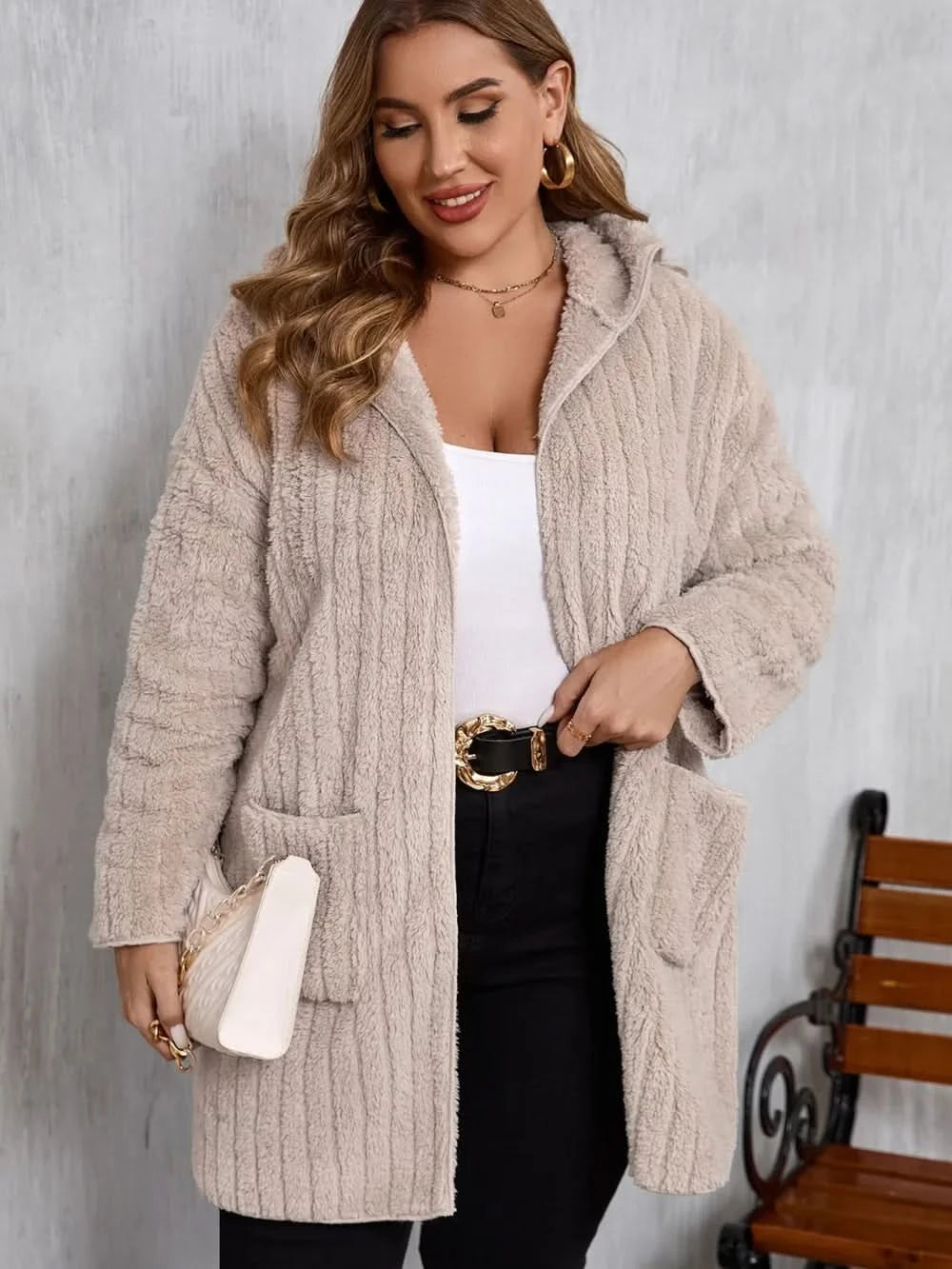 Plus Size Open Front Long Sleeve Hooded Fuzzy Jacket - ShalayeFashion