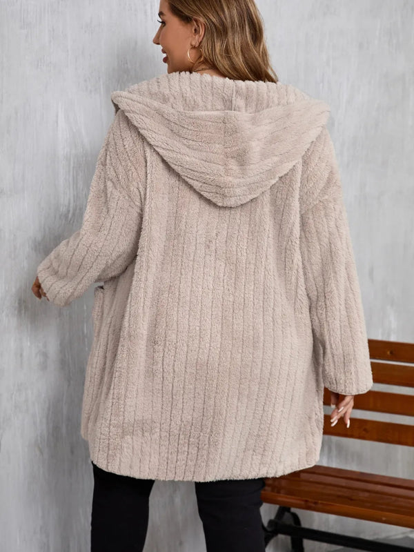 Plus Size Open Front Long Sleeve Hooded Fuzzy Jacket - ShalayeFashion