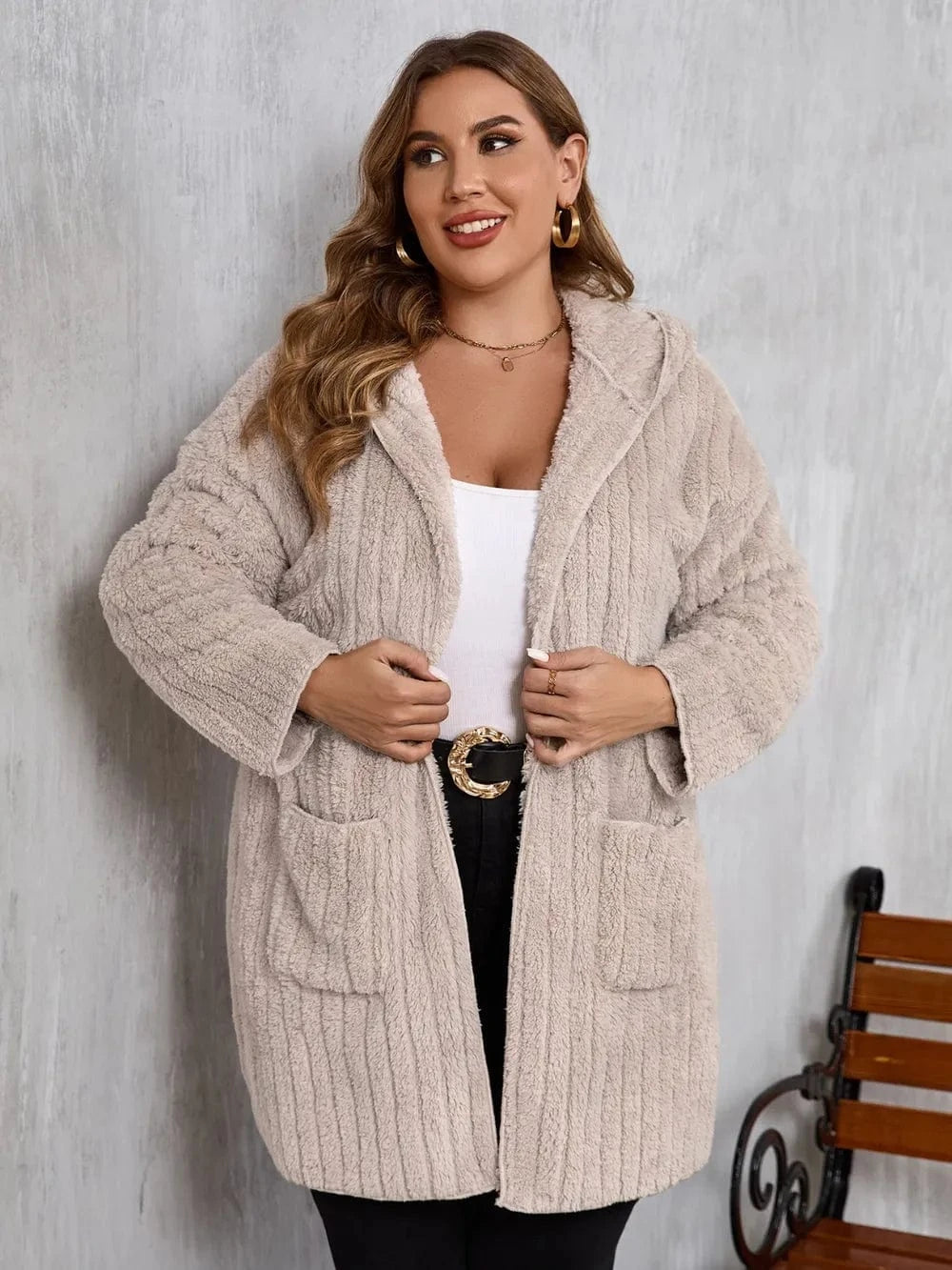 Plus Size Open Front Long Sleeve Hooded Fuzzy Jacket - ShalayeFashion