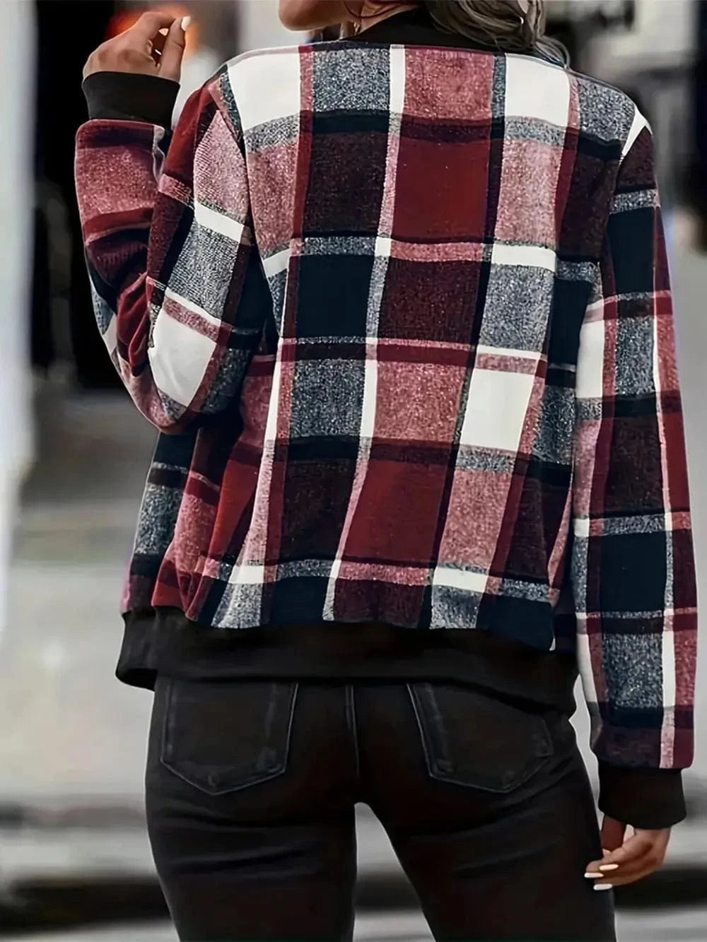 Plus Size Plaid Baseball Collar Zip Up Jacket - ShalayeFashion