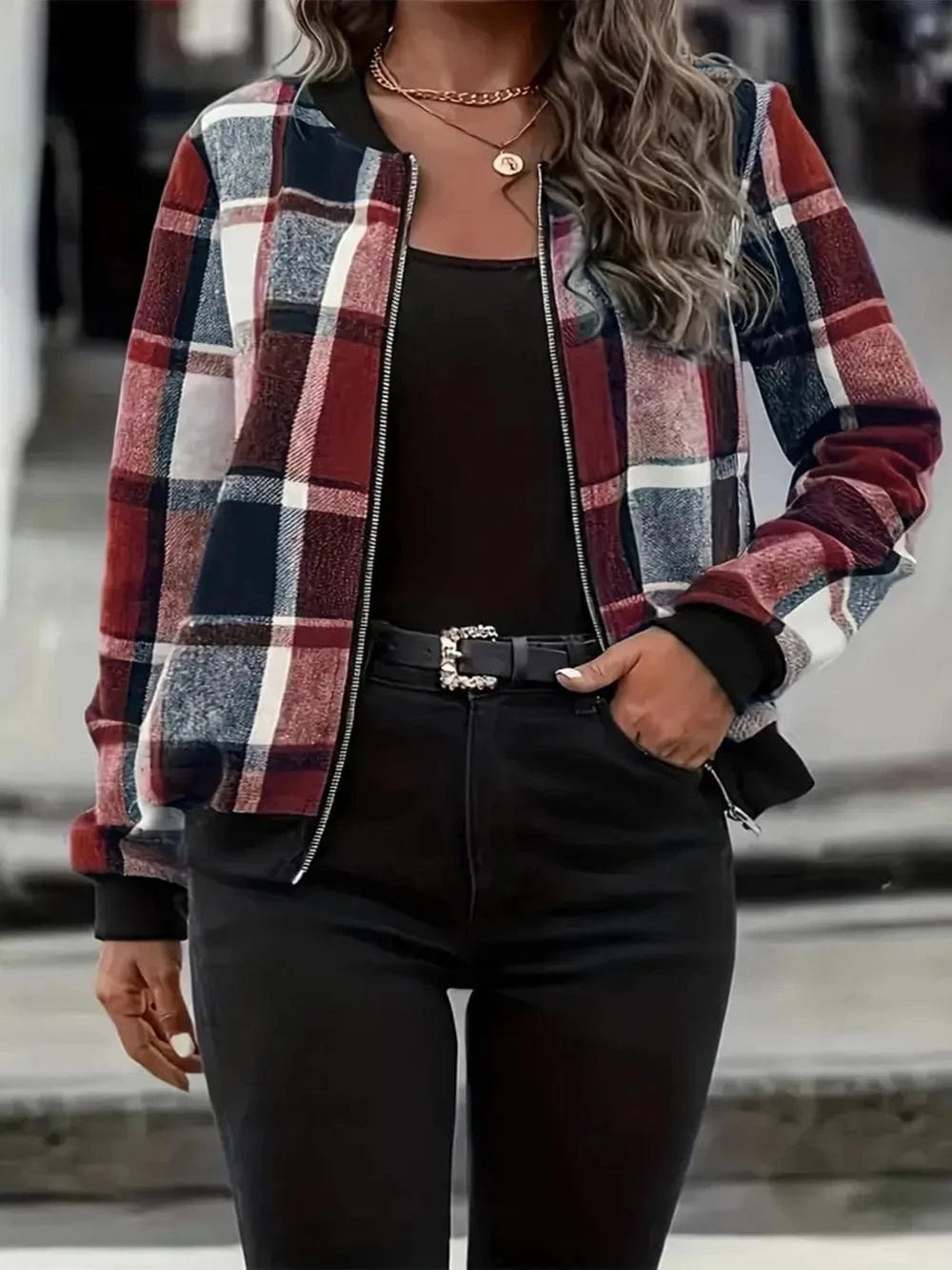 Plus Size Plaid Baseball Collar Zip Up Jacket - ShalayeFashion