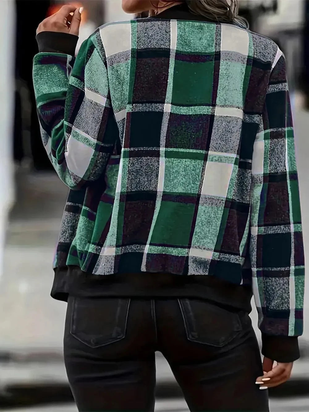 Plus Size Plaid Baseball Collar Zip Up Jacket - ShalayeFashion