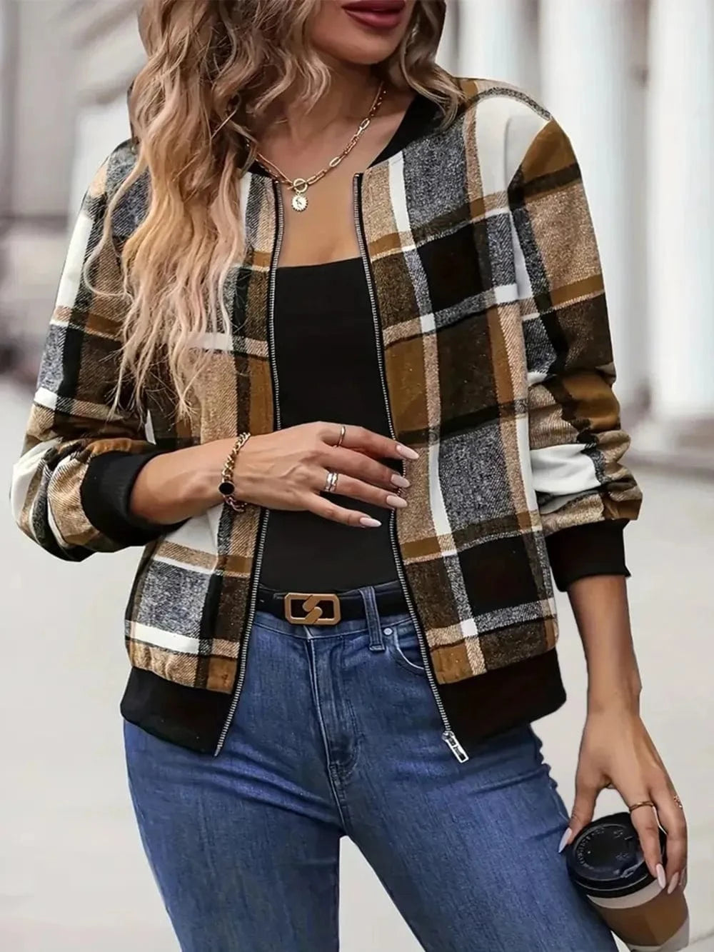 Plus Size Plaid Baseball Collar Zip Up Jacket - ShalayeFashion