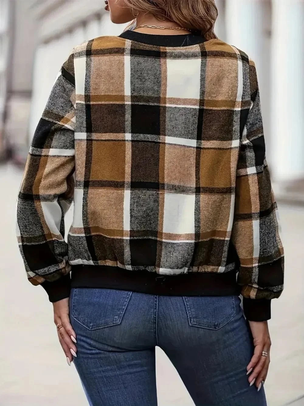 Plus Size Plaid Baseball Collar Zip Up Jacket - ShalayeFashion