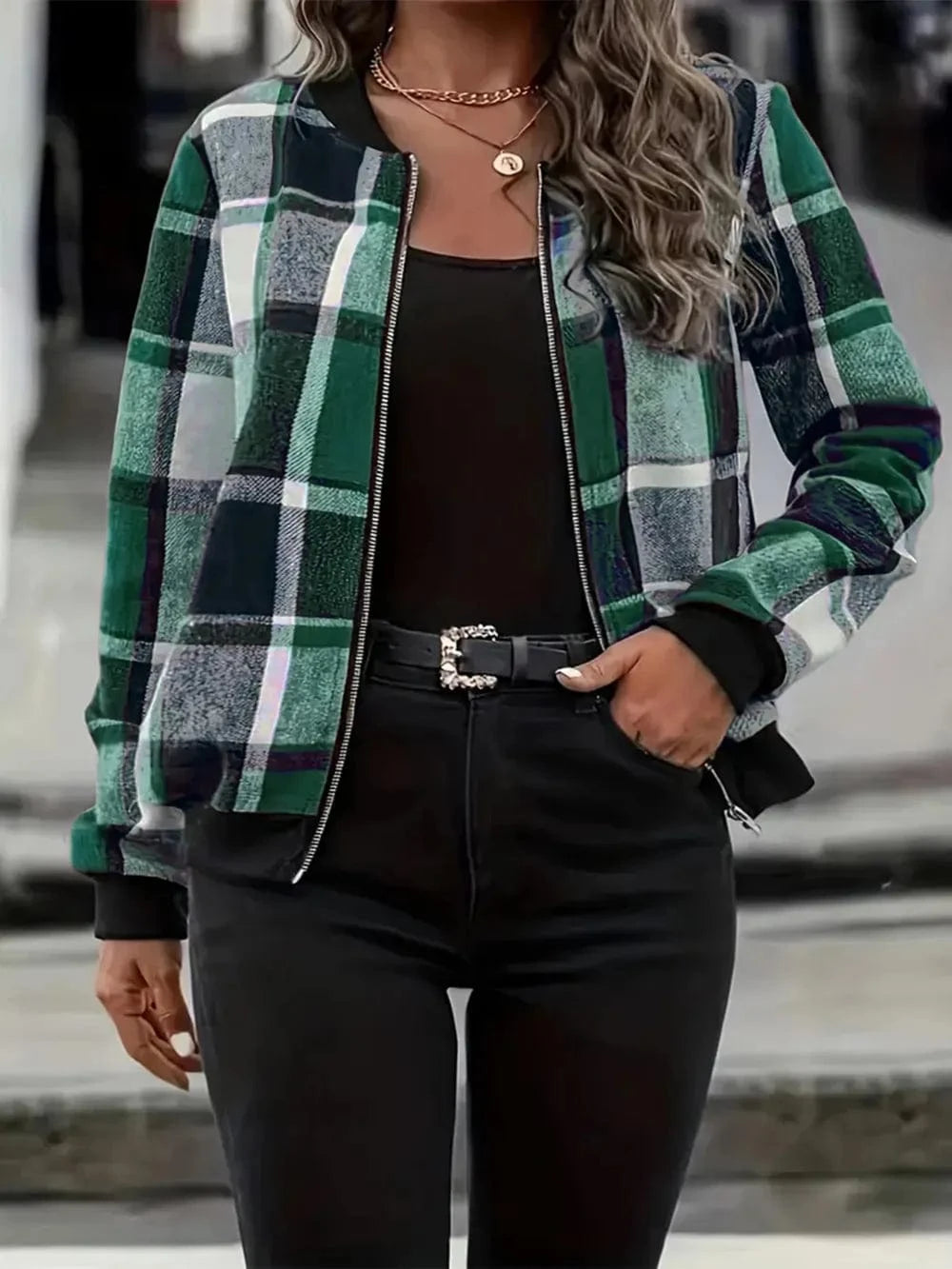Plus Size Plaid Baseball Collar Zip Up Jacket - ShalayeFashion