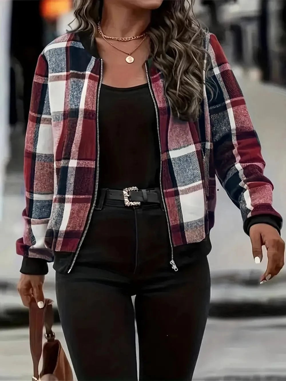 Plus Size Plaid Baseball Collar Zip Up Jacket - ShalayeFashion