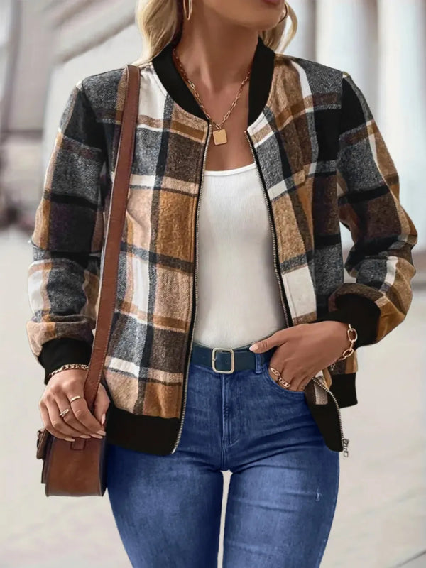Plus Size Plaid Baseball Collar Zip Up Jacket - ShalayeFashion