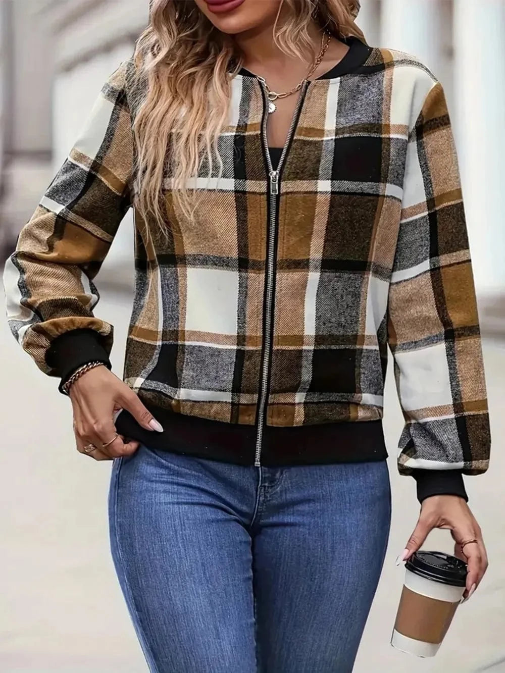 Plus Size Plaid Baseball Collar Zip Up Jacket - ShalayeFashion