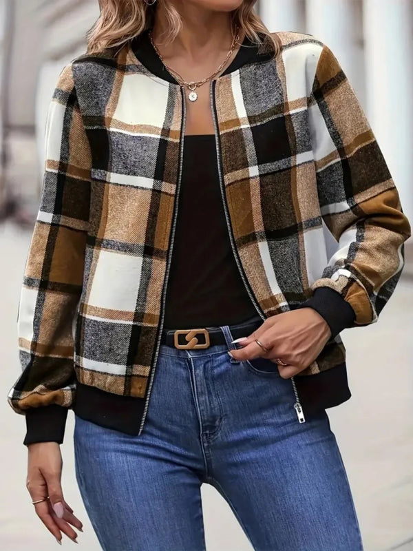 Plus Size Plaid Baseball Collar Zip Up Jacket - ShalayeFashion