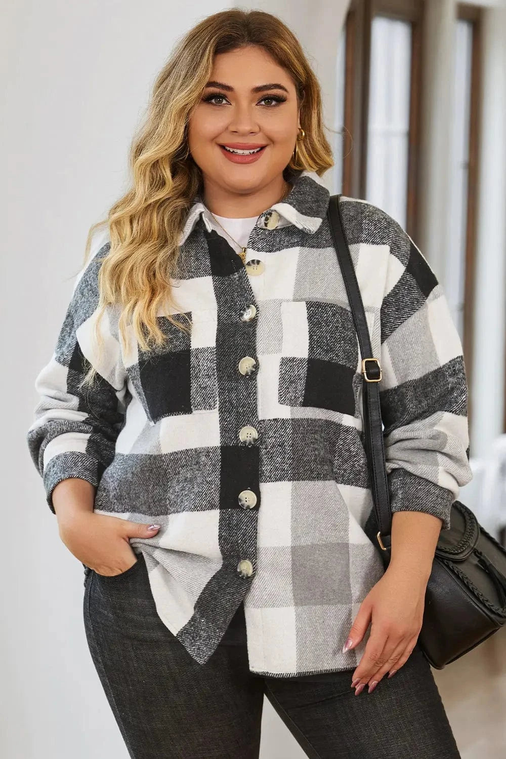 Plus Size Plaid Button Up Collared Neck Jacket - ShalayeFashion