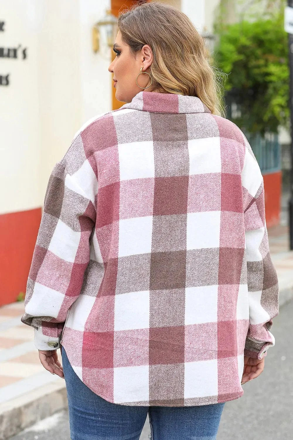 Plus Size Plaid Button Up Collared Neck Jacket - ShalayeFashion