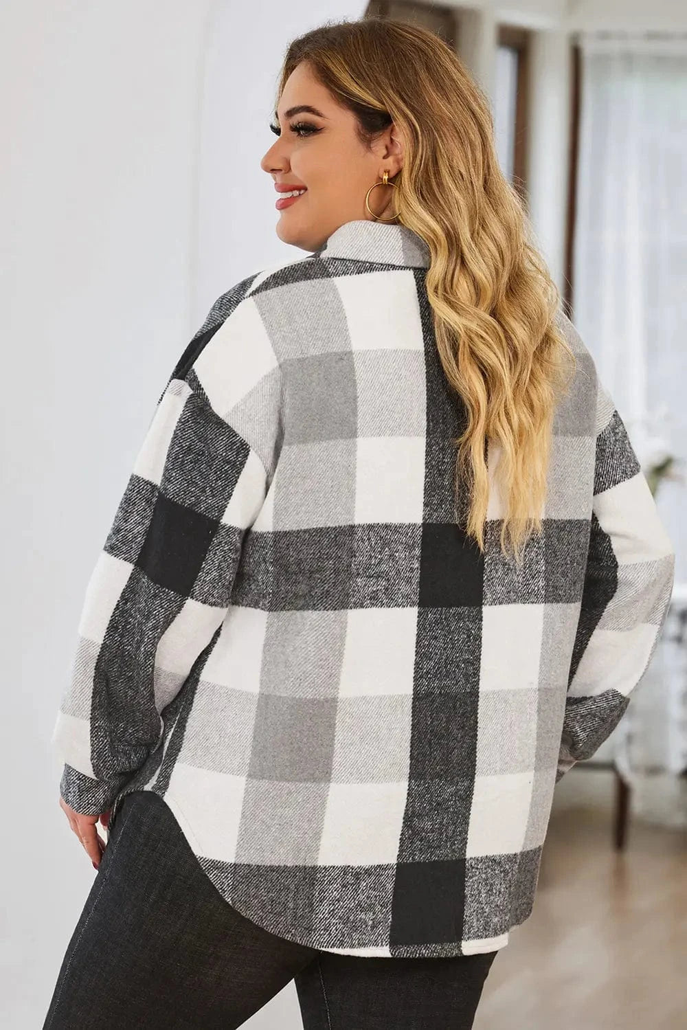 Plus Size Plaid Button Up Collared Neck Jacket - ShalayeFashion