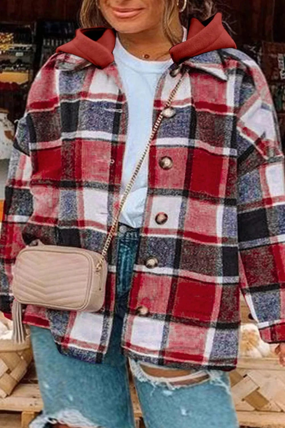 Plus Size Plaid Button Up Hooded Jacket - ShalayeFashion
