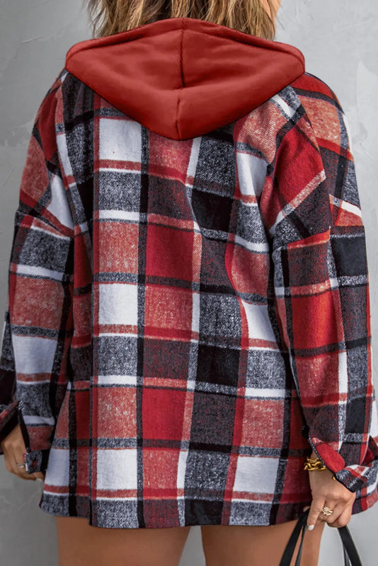 Plus Size Plaid Button Up Hooded Jacket - ShalayeFashion