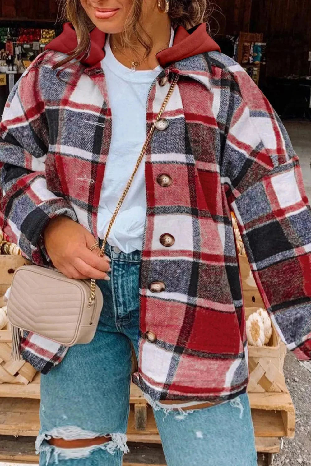 Plus Size Plaid Button Up Hooded Jacket - ShalayeFashion